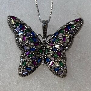 Sterling Silver Butterfly Pendant w/Genuine Stones and Sterling Chain